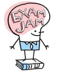 Illustration of a person with books and the words Exam Jam written on his head